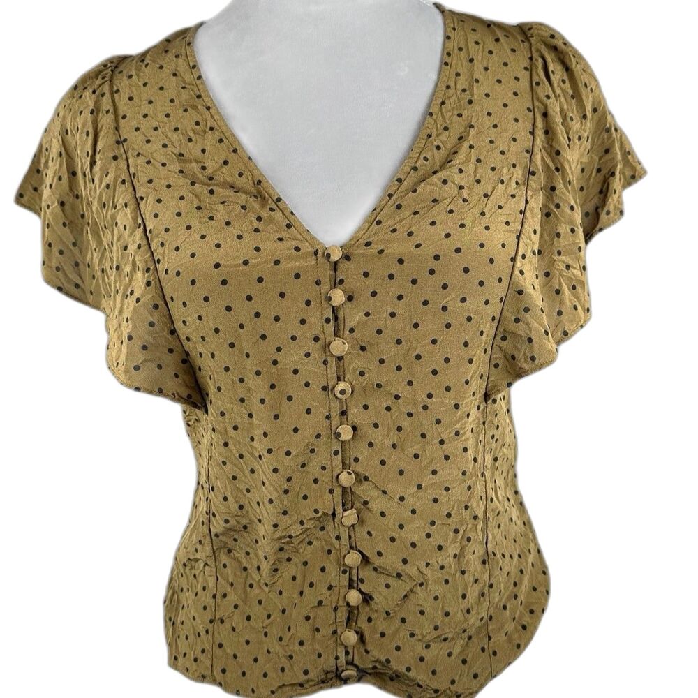 Madewell Silk Carmelina Flutter-Sleeve Top Polka Dot Brown Black Gold Size 0